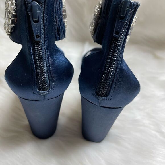 ASOS satin Navy blue Block heels ankle strap sandals with Rhinestones accent SZ7 - Picture 5 of 7
